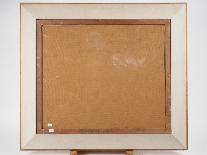 AUGERE. "Paysage animé exotique" Huile sur isorel, signée en bas à dro