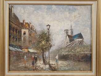 Vente aux enchères BARNETT. "Notre Dame vue depuis les bords de Seine". Huile sur toile, 