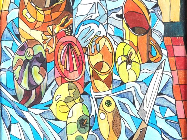 J. BURON. "nature morte cubisante » Huile sur toile, marouflée signée 