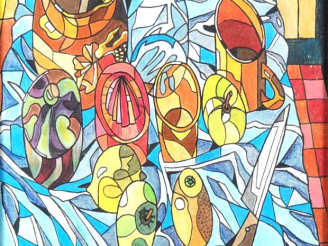 Vente aux enchères J. BURON. "nature morte cubisante » Huile sur toile, marouflée signée 