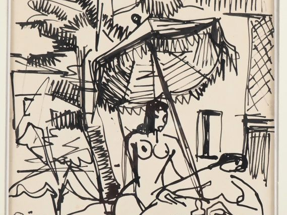 Raymond ESPINASSE.  "nue au parasol" Dessin signé en bas à gauche et d