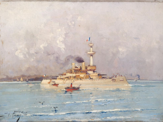 Vente aux enchères Eugène GALIEN-LALOUE. "Le cuirassé à Lorient". Huile sur toile signée 
