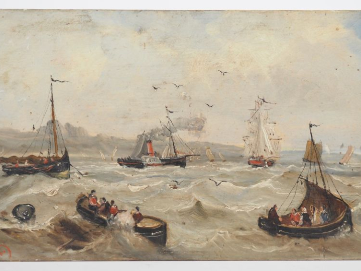 A. GINS.  "Marine" Huile sur panneau, signée en bas à gauche Dim. 21,5