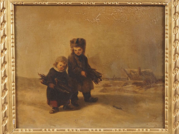 Pierre Auguste JEANRON (1809-1977) "Enfants dans la neige"  Huile sur 