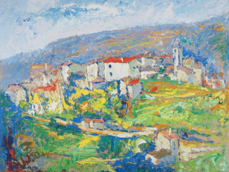 Vente aux enchères Christiane KOROCHANSKY. "Village de Castillon, Alpes maritimes" Huile 