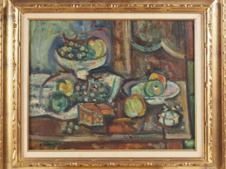 Vente aux enchères Pinchus KREMEGNE.  "Nature morte aux coupes de fruits" Huile sur carto
