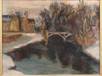 Vente aux enchères Charles KVAPIL. "Le pont à Villers".  Huile sur toile, signée en bas à