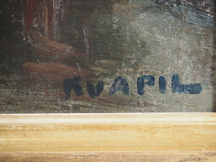 Charles KVAPIL. "Le pont à Villers".  Huile sur toile, signée en bas à