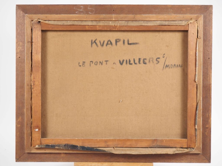 Charles KVAPIL. "Le pont à Villers".  Huile sur toile, signée en bas à