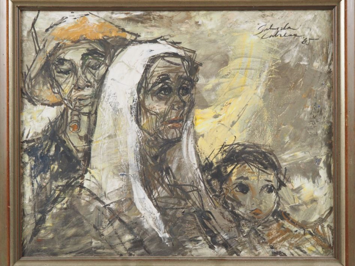 LABREOU.  "portrait de famille" Huile sur toile, marouflée signée en h