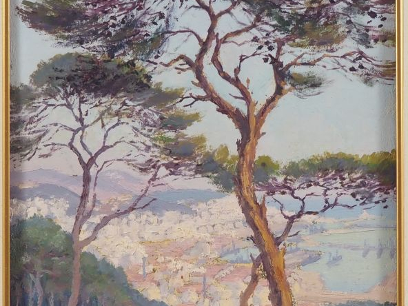 Camille Adolphe LAURENS. "Village de bord de mer". Huile sur panneau, 