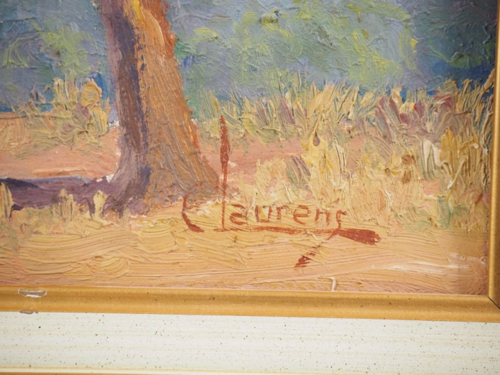 Camille Adolphe LAURENS. "Village de bord de mer". Huile sur panneau, 