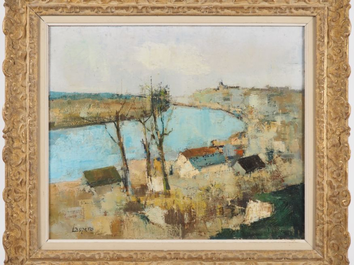 LAUZERO. "Village en bord de lac" Huile sur toile, signée en bas à gau
