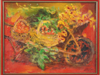 Vente aux enchères Daniel LEBIER. "Brouette de fleurs". Huile sur toile signée en bas à d