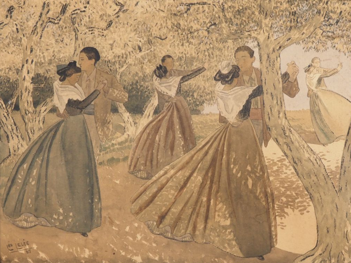 LEO LELEE. "Danse arlésienne". Aquarelle, signée en bas à gauche et da
