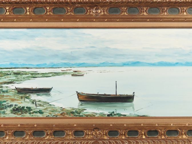 Jean MONNIER. "barques sur l'étang de Thau" Huile sur panneau, signée 