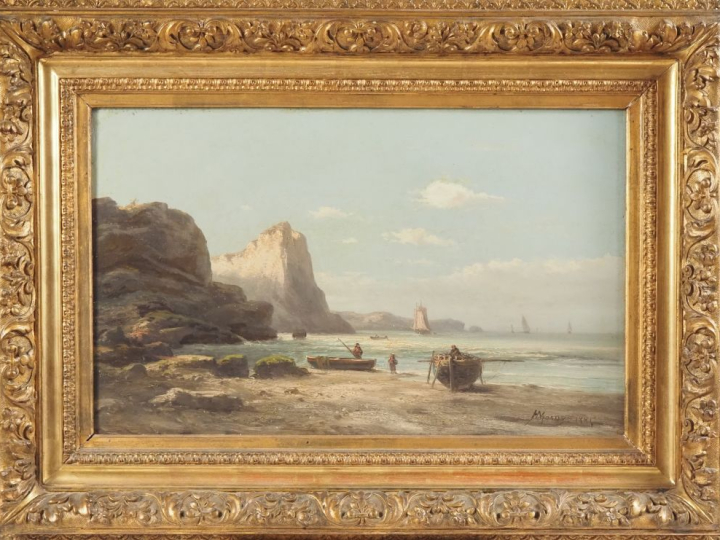 Henri MOSNY. "Rivage animé". Huile sur toile, signée en bas à droite. 