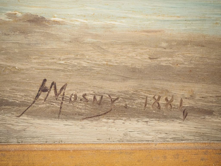 Henri MOSNY. "Rivage animé". Huile sur toile, signée en bas à droite. 