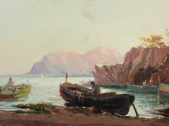 Louis NATTERO (1870-1915) "Barque de pêcheurs dans les calanques". Hui