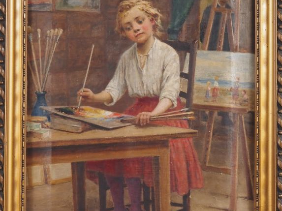 César PATTEIN.  "la fille de l'artiste dans l'atelier" Huile sur toile