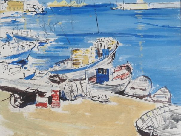 Rémy PEYRANNE.  "le port de Sète" Tryptique aquarelles, signé et daté 