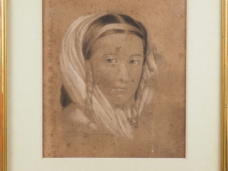 Vente aux enchères Cyrie PISTRE. "Portrait de jeune femme aux nattes". Dessin signé et da