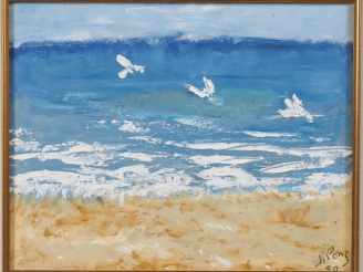 Vente aux enchères J. PONS. "Bord de mer". Huile sur isorel, signée en bas à droite et da