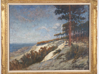 Vente aux enchères Marie REOL. "Les dunes à Arcachon". Huile sur toile, signée en bas à d