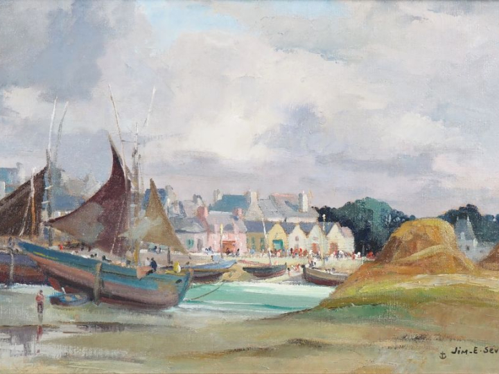 Jim. E. SEVELLEC.  "Barques de pêche au mouillage en Bretagne" Huile s