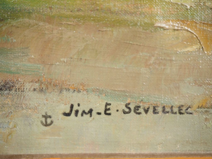 Jim. E. SEVELLEC.  "Barques de pêche au mouillage en Bretagne" Huile s
