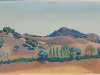Vente aux enchères Rosemary STRACHEY. "Paysage espagnol". Huile sur panneau, signée en ba