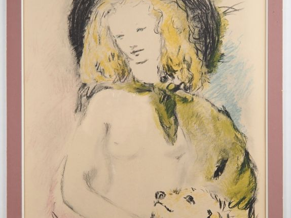 VERTES. "Elégante au chien" et "Elégante au perroquet". Paire de litho