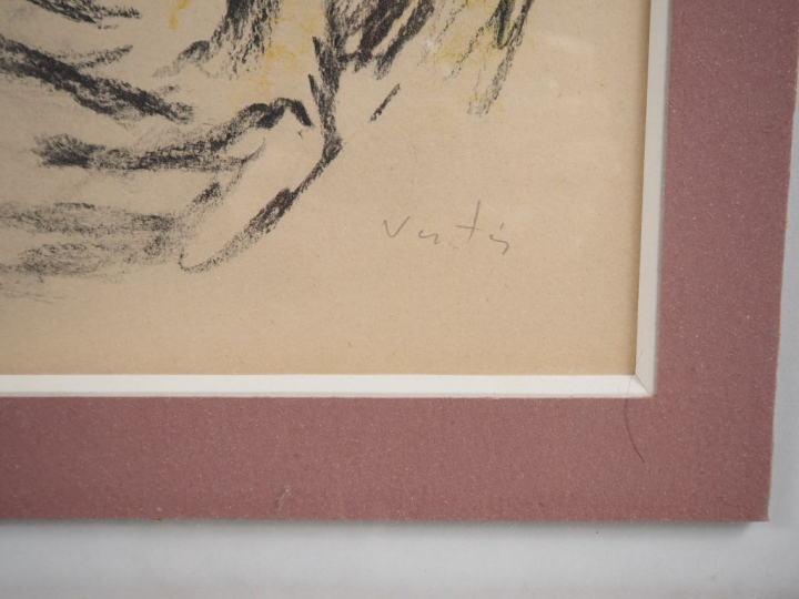 VERTES. "Elégante au chien" et "Elégante au perroquet". Paire de litho