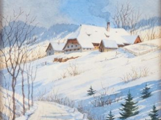 Vente aux enchères G. WILHELM.  "Hameau sous la neige" Aquarelle signée en bas à droite D