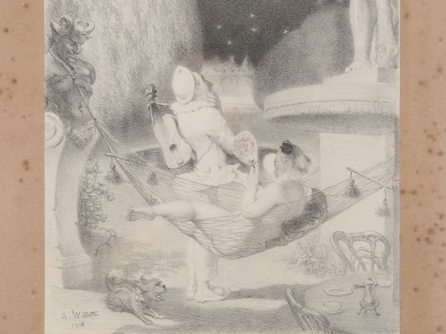 Adolphe WILLETTE. "Scène galante dans la nuit étoilée". Dessin, signé 