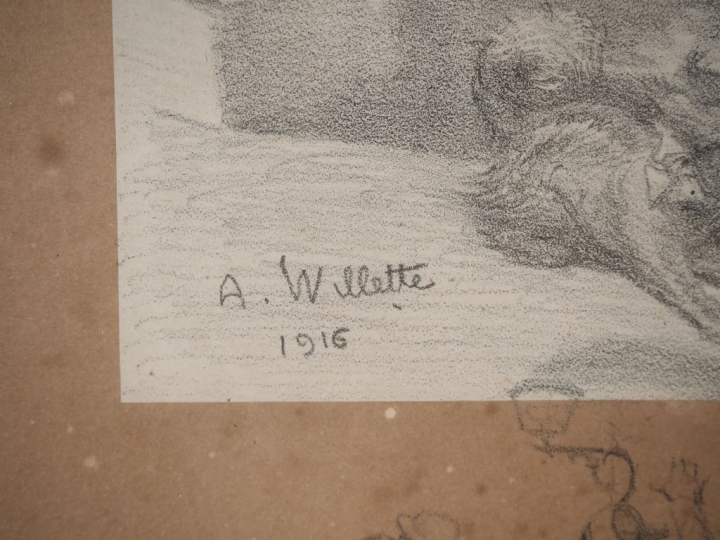 Adolphe WILLETTE. "Scène galante dans la nuit étoilée". Dessin, signé 