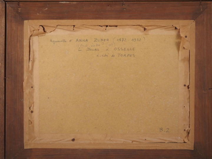 Anna ZUBER.  "le Doubs à Osselle" Aquarelle, signée et titrée au dos D