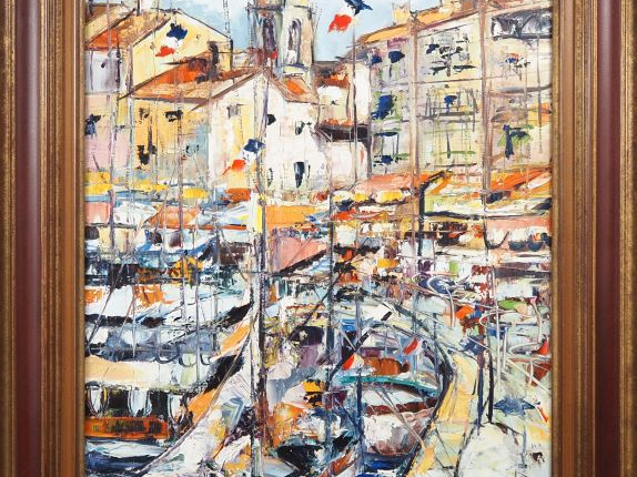 Ecole française XXème. "Le port de Saint Tropez". Huile sur toile sign