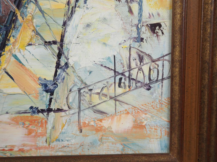 Ecole française XXème. "Le port de Saint Tropez". Huile sur toile sign