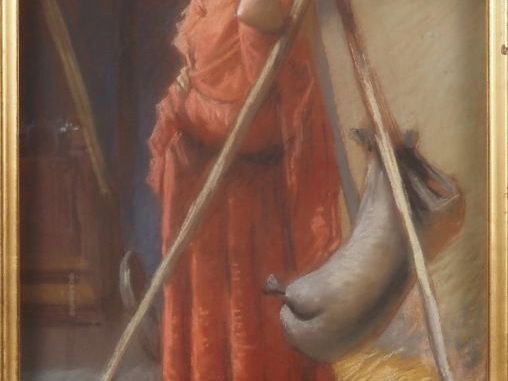 Ecole française Xxème. "Jeune paysanne dans l'étable". Pastel signé en