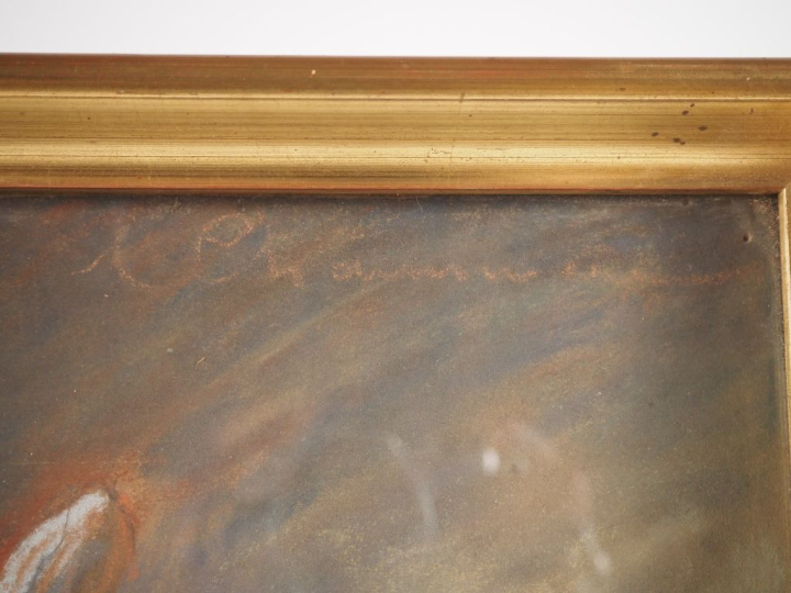 Ecole française Xxème. "Jeune paysanne dans l'étable". Pastel signé en