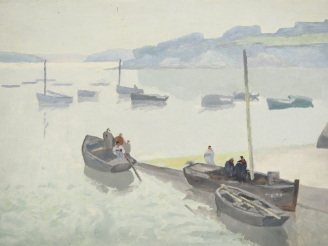 Vente aux enchères Ecole française XXème. "Port de pêche animé". Huile sur isorel. Dim. 2