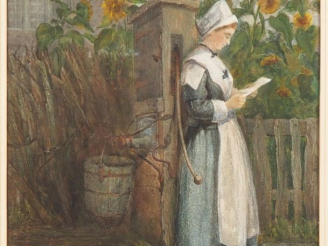 Vente aux enchères Ecole française XXème. "Lecture dans la cour de ferme". Aquarelle. Dim