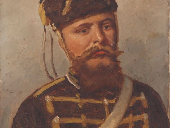 Ecole française Xxème. "Portrait de soldat". Huile sur toile, signée e