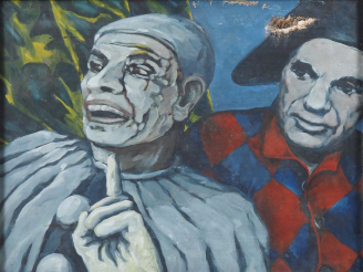 Vente aux enchères Ecole française XXème.  "Pierrot"  Huile sur toile Dim. 46 x 61 cm (ac