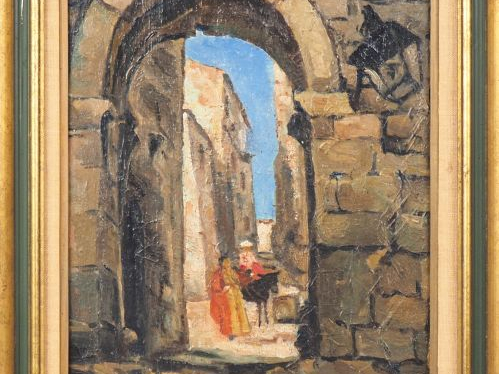 Ecole française XXème. "Village de la Turbie". Huile sur carton, titré