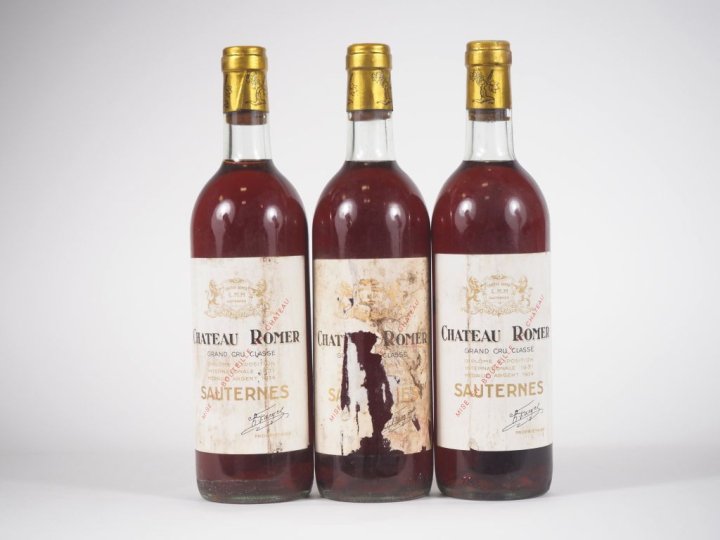 3 BOUTEILLES CHÂTEAU ROMER GCC SAUTERNES - 1972 - 1 BON NIVEAU/2 BG/2 
