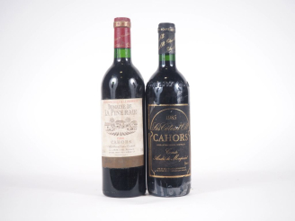 Vente aux enchères 2 BOUTEILLES CAHORS  : 1 BOUTEILLE DOMAINE DE LA PINERAIE 1986/1 BOUTE
