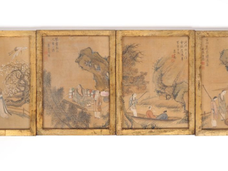 Vente aux enchères Chine, XXe siècle  Quatre petites pages d’album en soie peinte, à déco