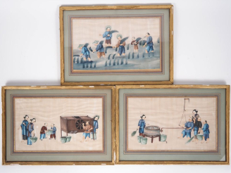Vente aux enchères Chine, Canton, vers 1880  Trois gouaches de Canton sur papier de riz, 